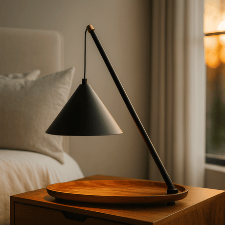 Black lamp with wooden base on a nightstand in a bedroom setting