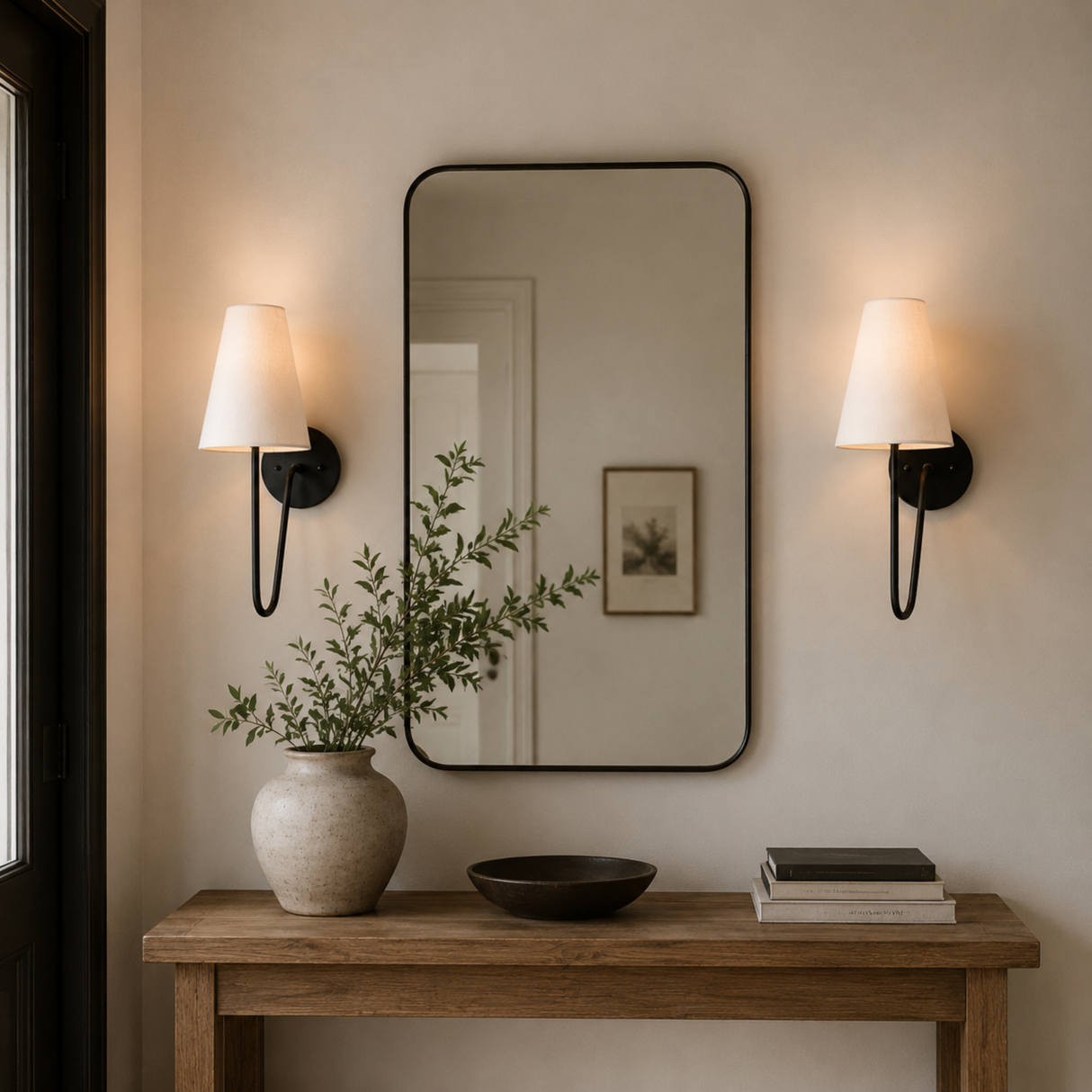 Nestled corner with a wooden console table, mirror, and decorative items.