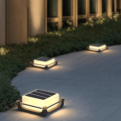Solar-powered outdoor lights on a patio