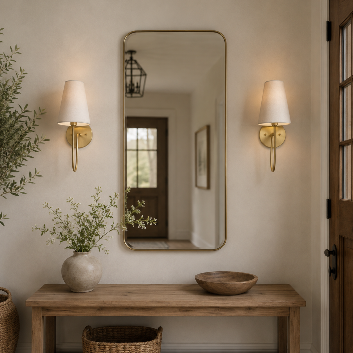 Niche with a wooden table, mirror, and decorative items against a neutral wall.