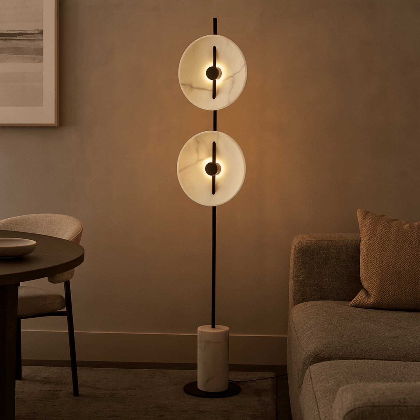 Modern floor lamp with two circular lights in a living room setting.