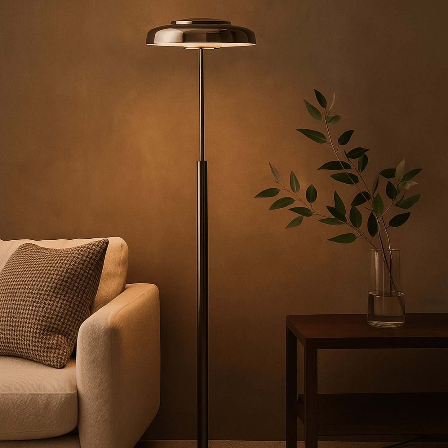 Modern floor lamp next to a beige sofa and side table with a plant in a room.