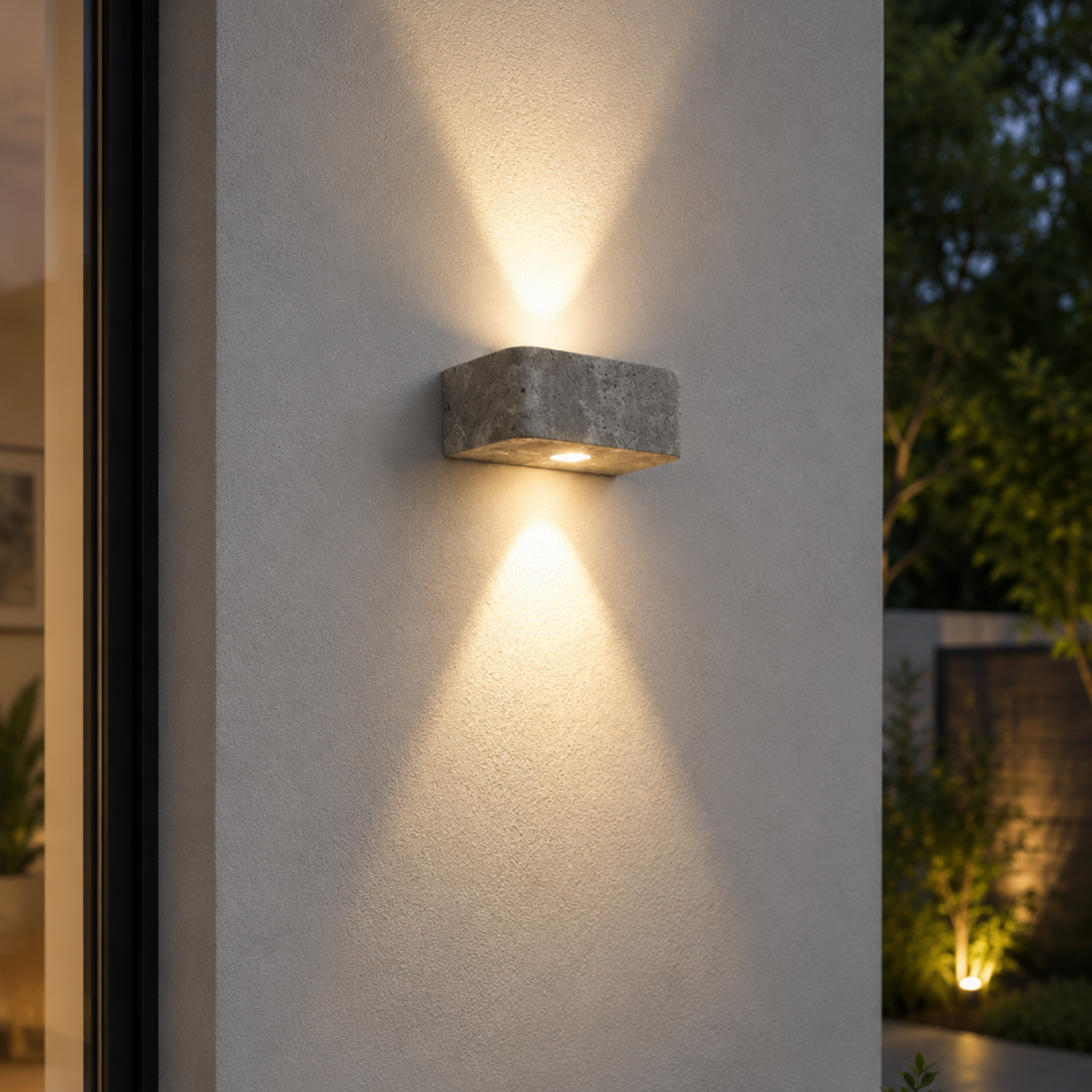 Modern outdoor wall light fixture on a concrete wall with a garden in the background