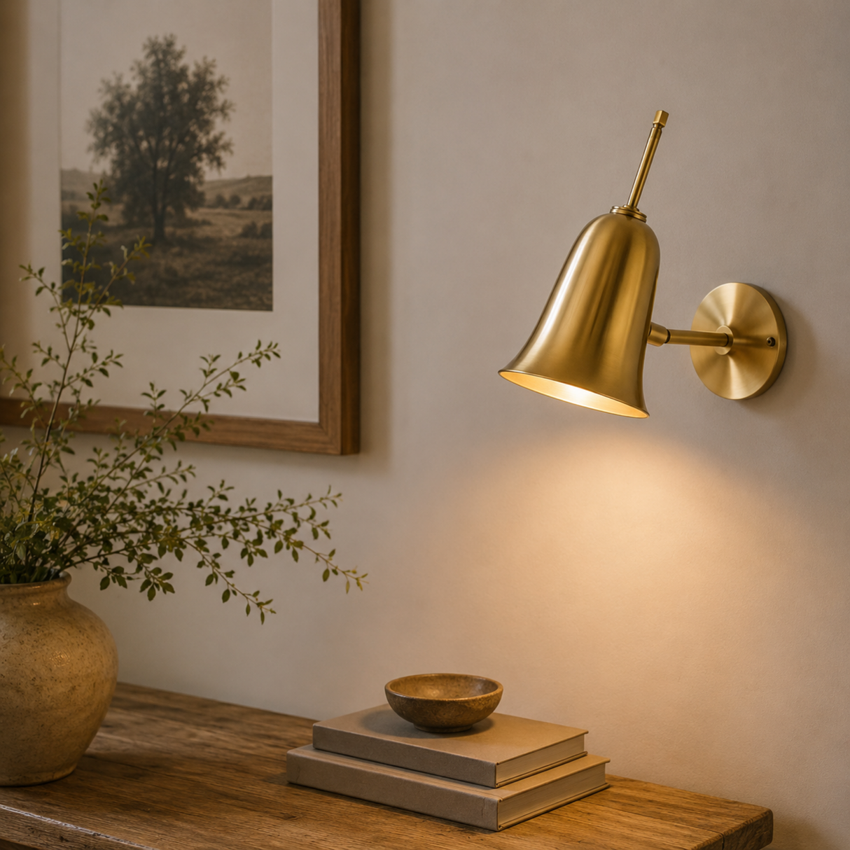 Gold wall sconce lighting a room with a plant and books on a shelf.