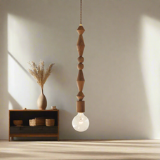 Wooden pendant light with a bulb on a white background