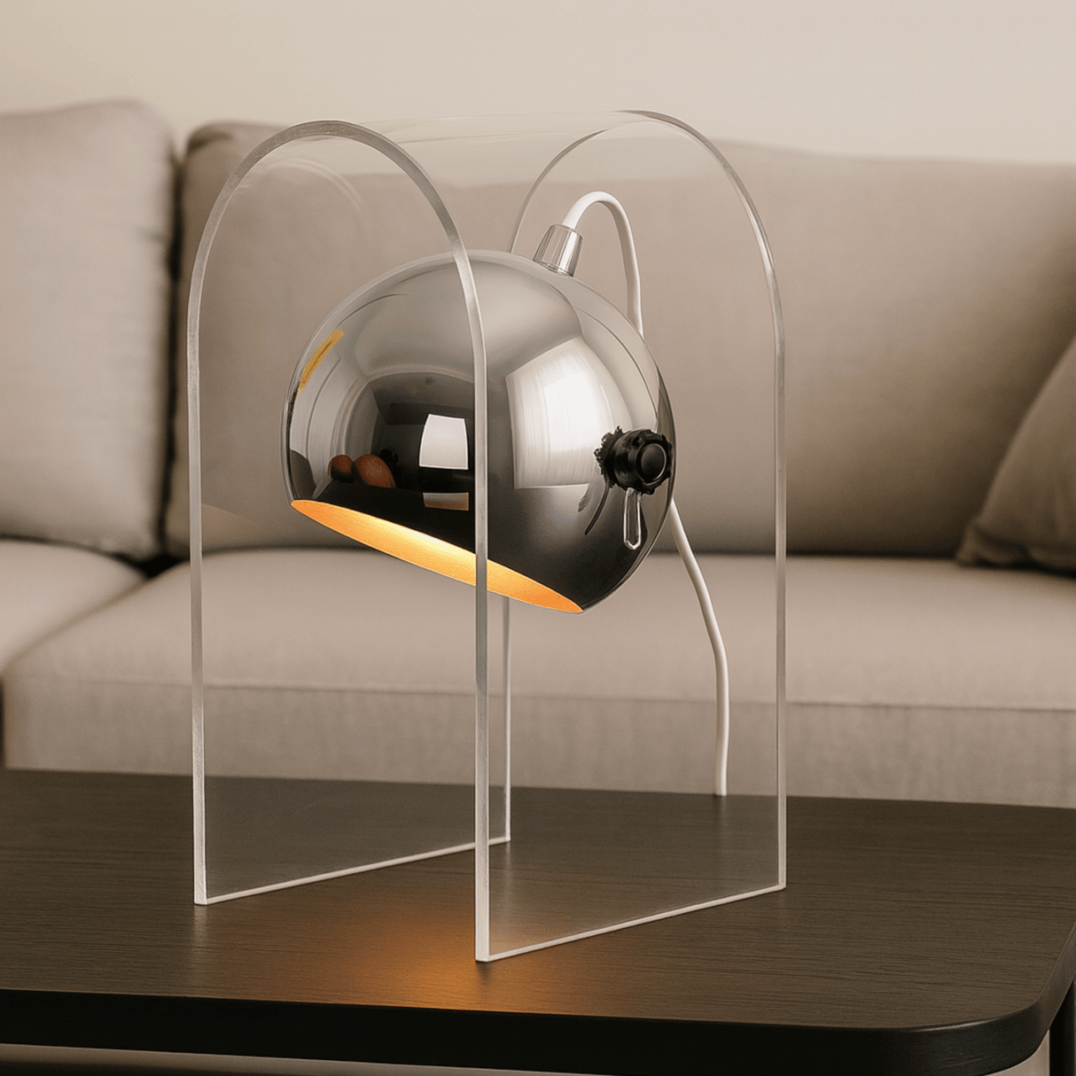 Modern table lamp with clear acrylic base on a wooden surface, blurred sofa in the background