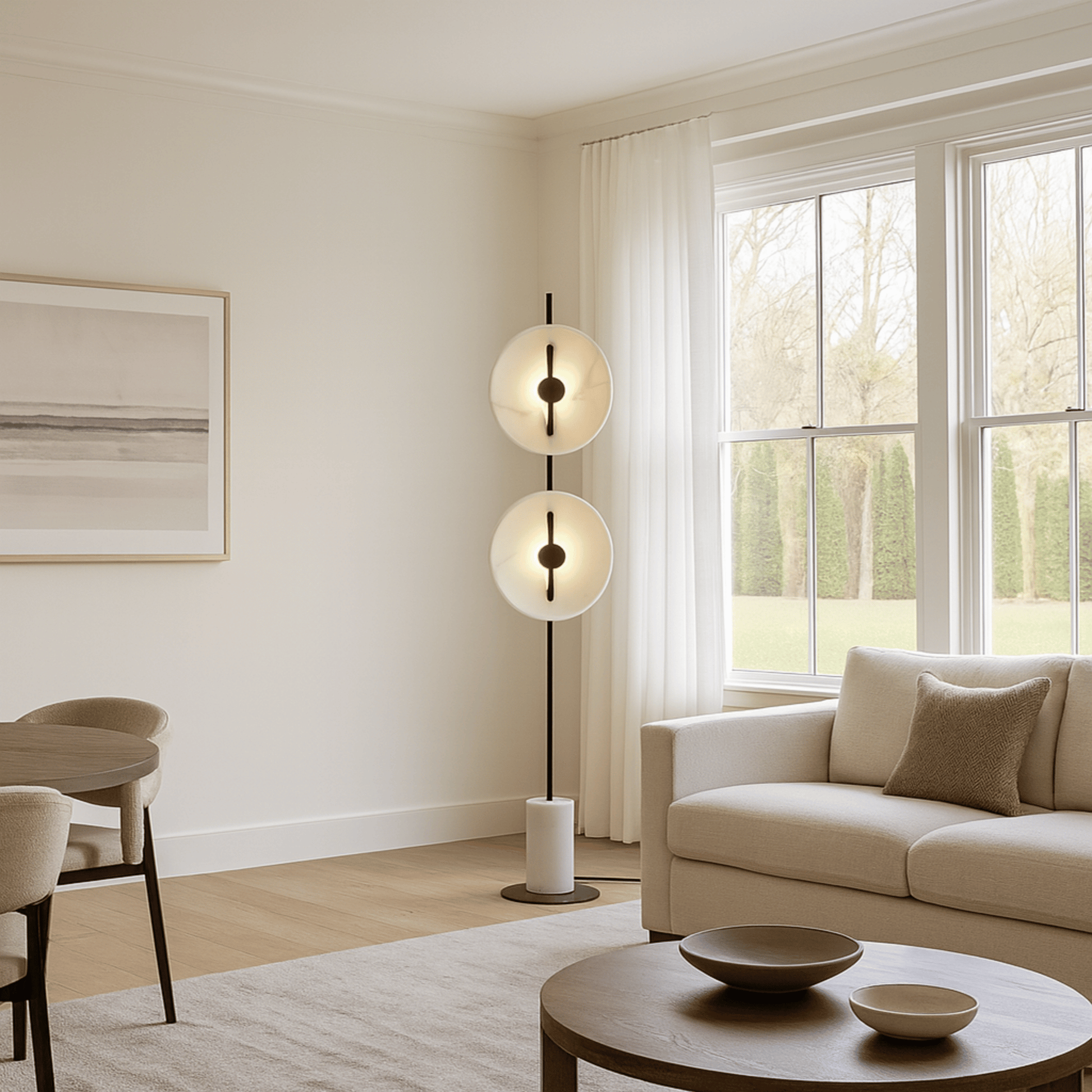 Modern living room with a floor lamp, sofa, and round coffee table.