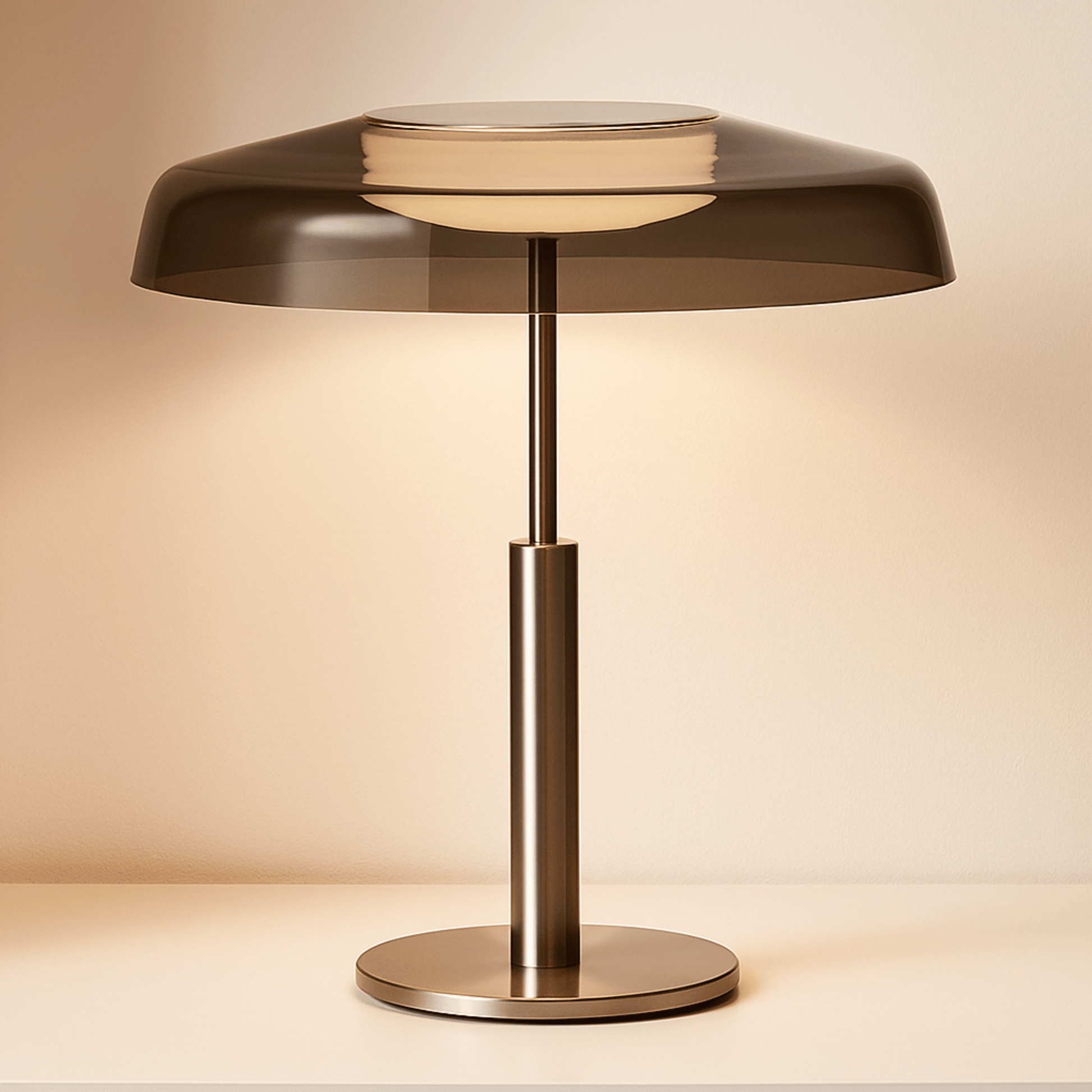 Modern table lamp with a metallic base and smoked glass shade on a beige background