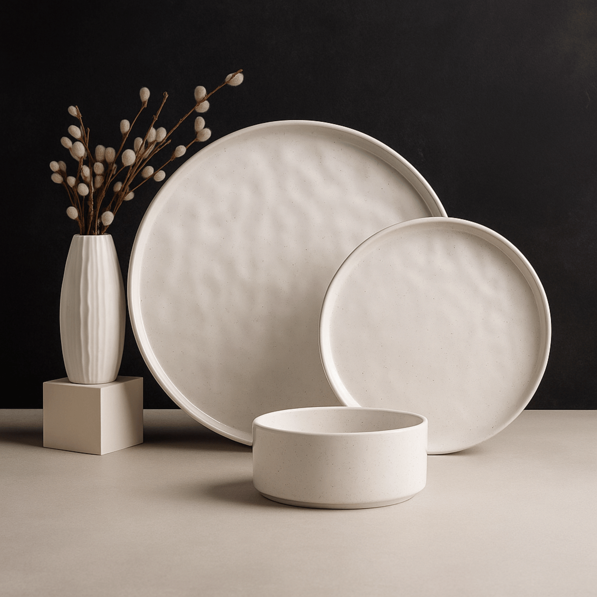 Set of white ceramic plates and a bowl on a neutral background with a vase and branches.