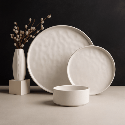 Set of white ceramic plates and a bowl on a neutral background with a vase and branches.