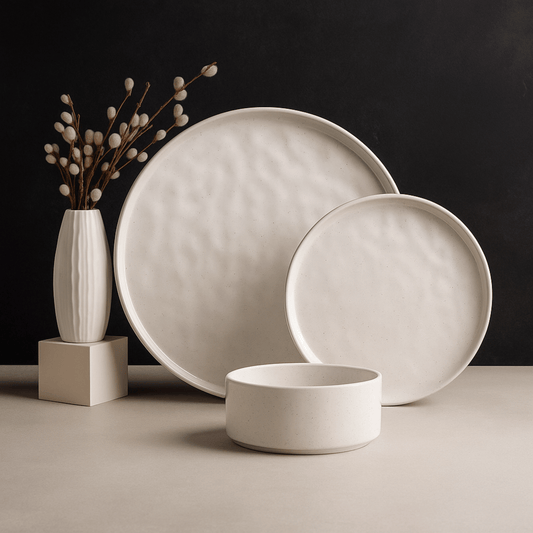 Set of white ceramic plates and a bowl on a neutral background with a vase and branches.