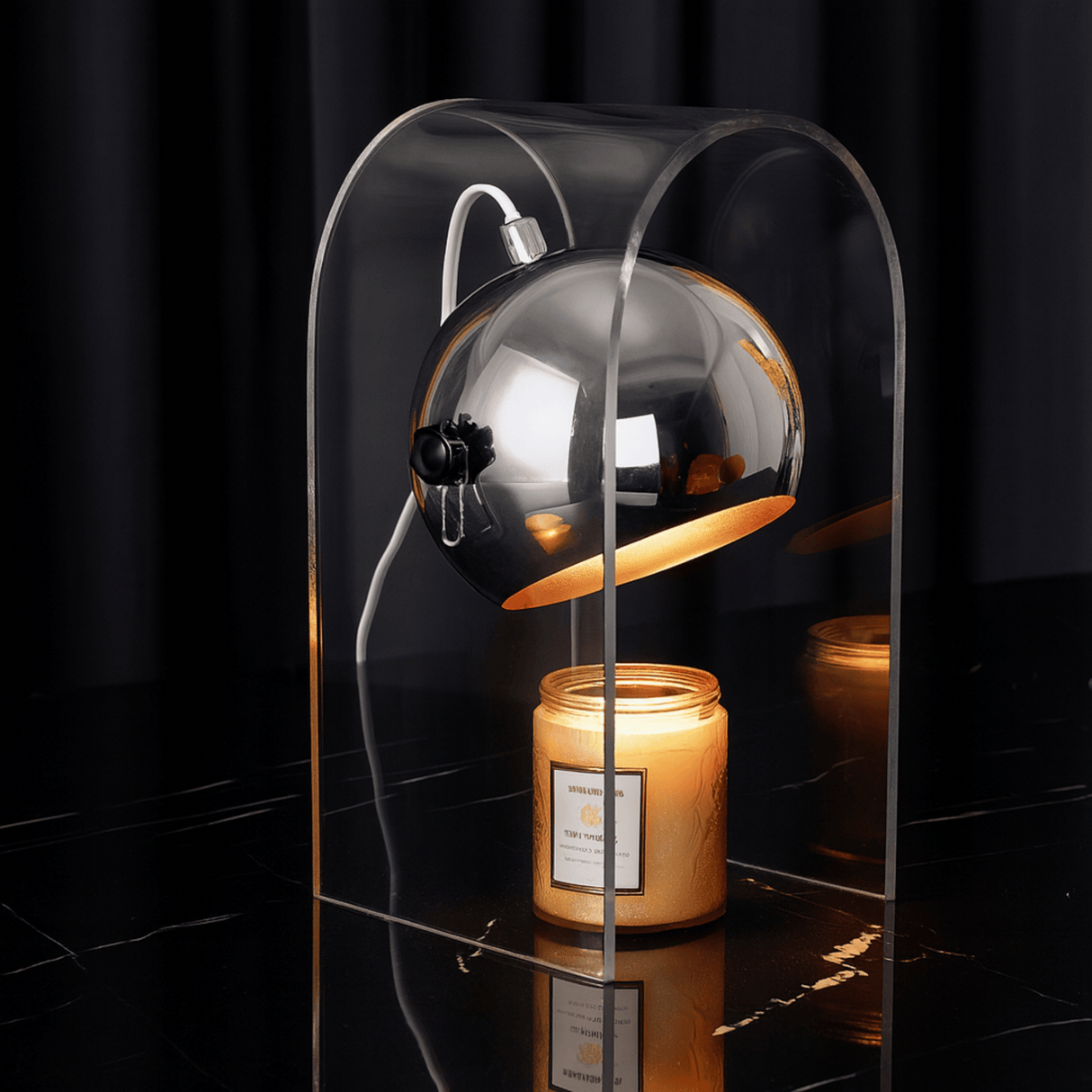 Candle in a glass cloche on a dark background