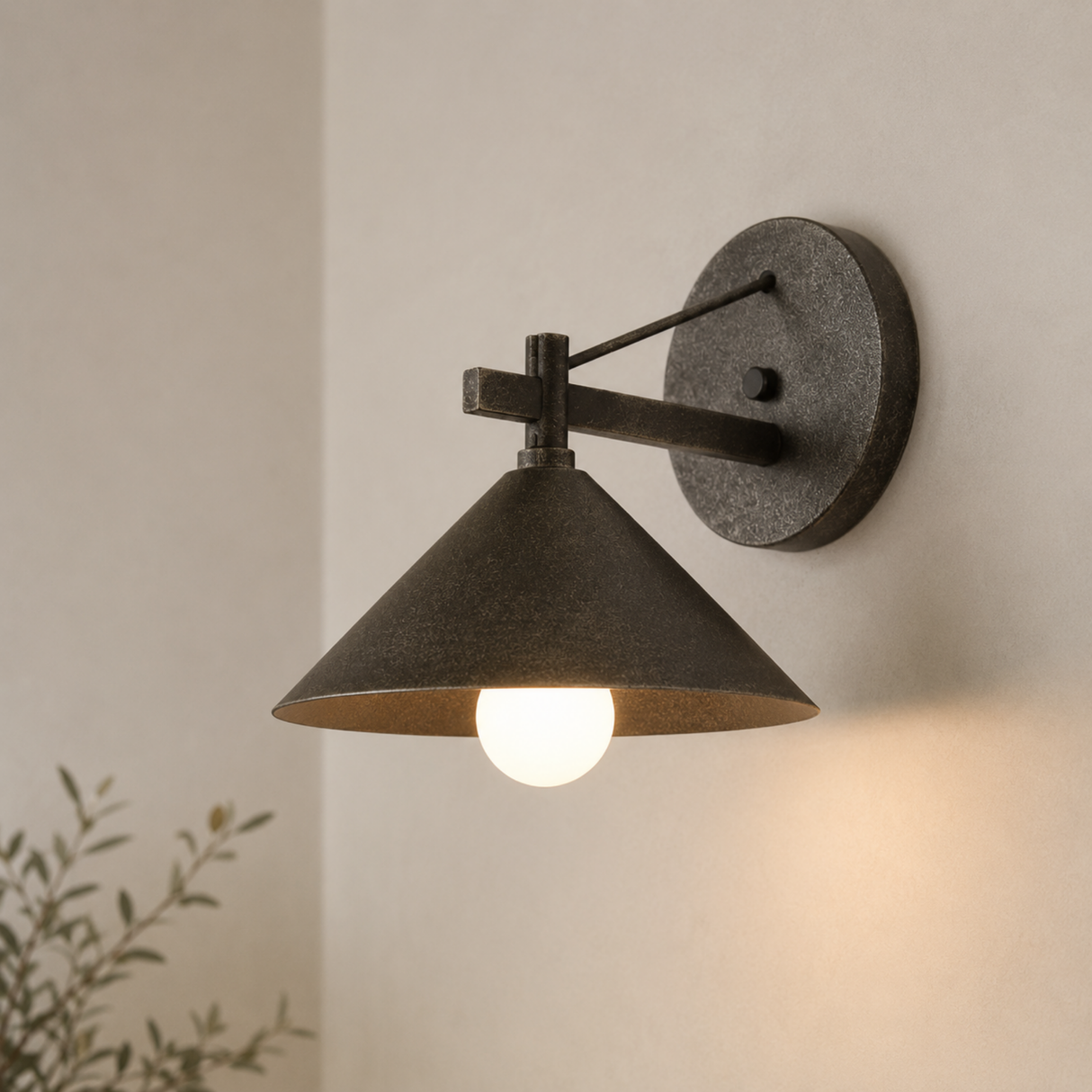 Wall-mounted lamp with a dark shade on a light wall.