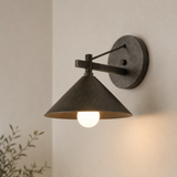 Wall-mounted lamp with a dark shade on a light wall.