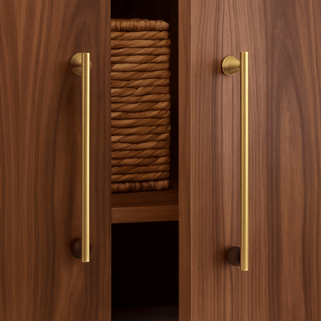 Wooden cabinet with gold handles and woven basket inside