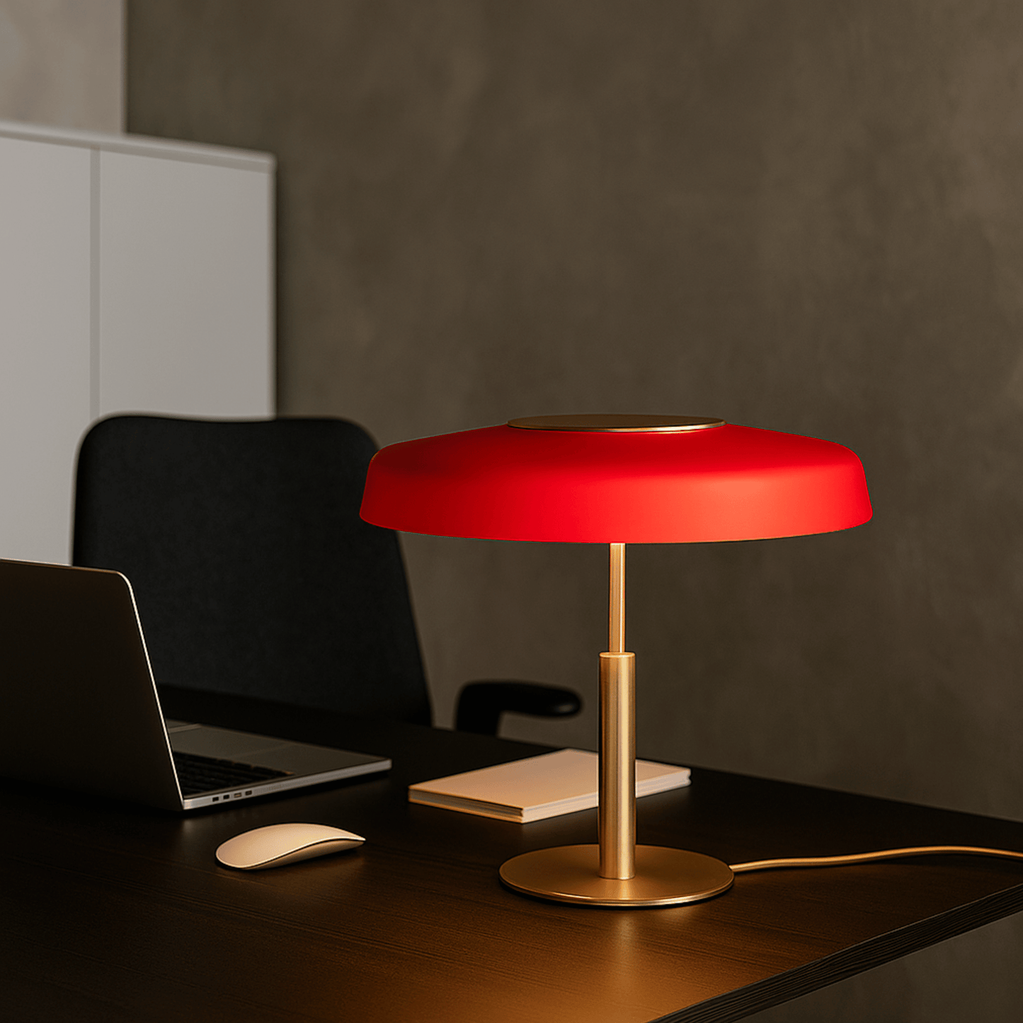 Red table lamp on a desk with a laptop and mouse in a dimly lit room.
