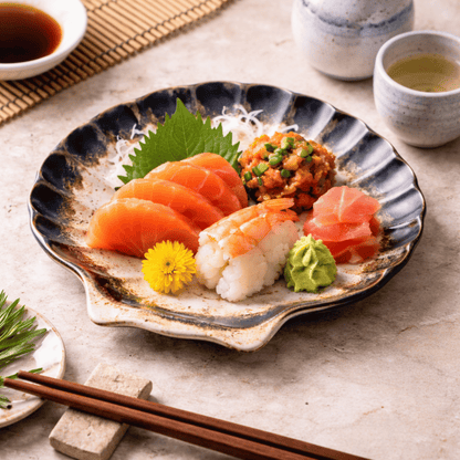 Sushi platter with sashimi and sushi on a decorative plate with chopsticks and wasabi.