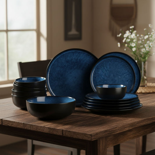 A set of deep blue ceramic dinner plates and bowls arranged on a wooden dining table in a cozy room.