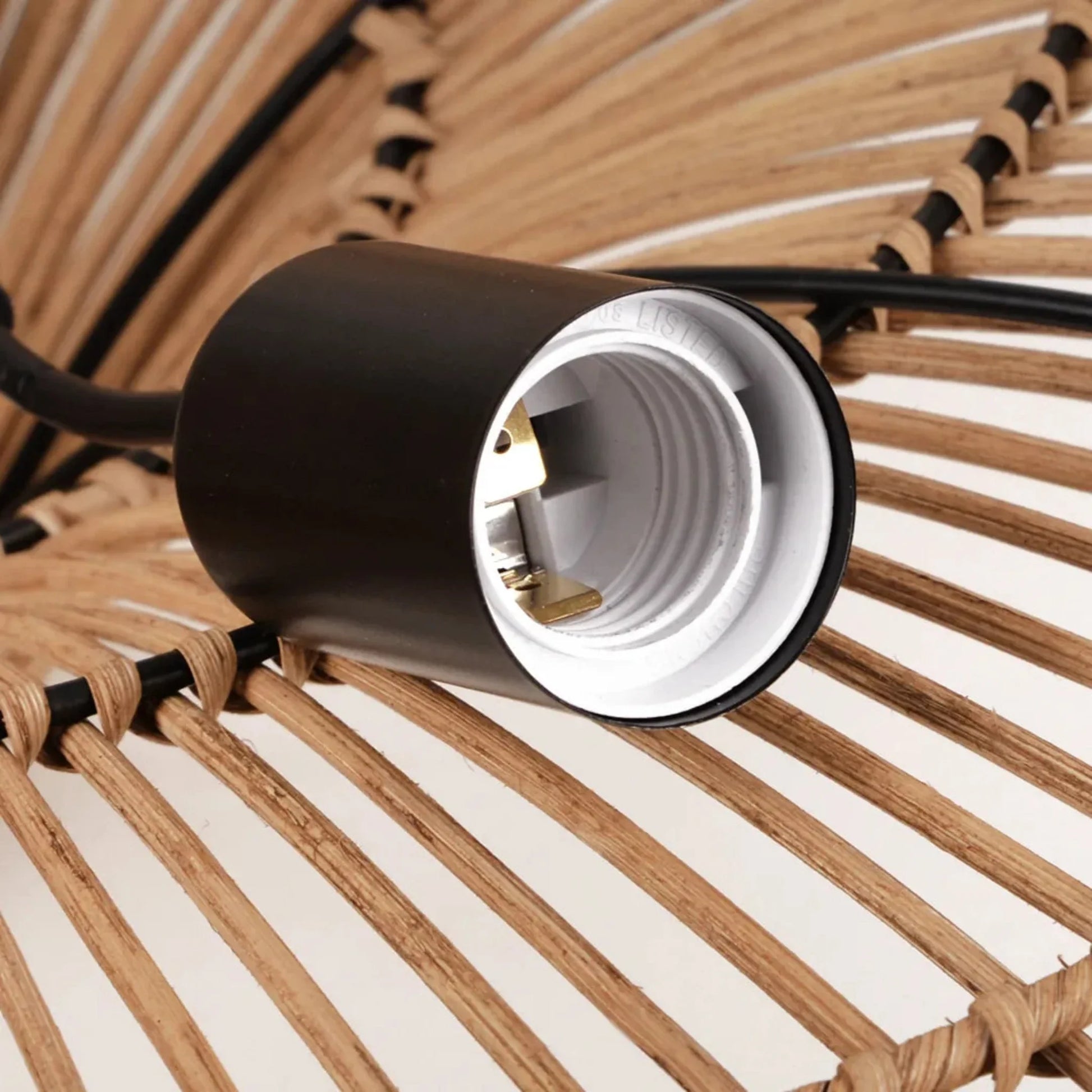 Close look at Nordic Umbrella Handmade Rattan Lamp bulbs installation 