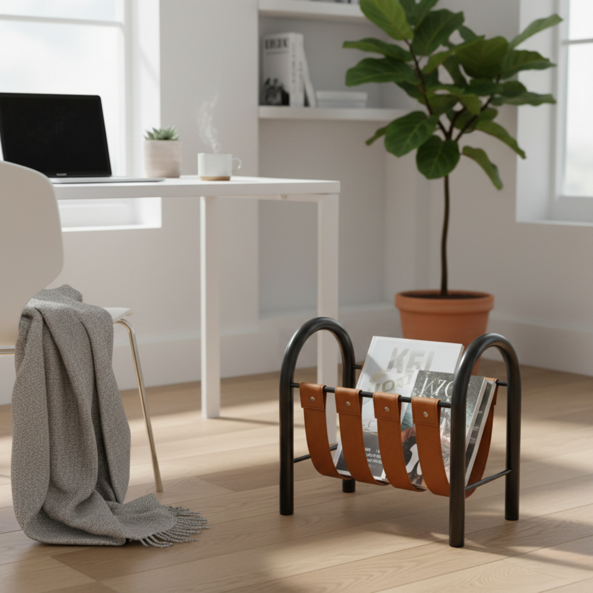 A modern magazine holder with black metal arches and tan leather straps holding magazines, placed on a wooden floor in a bright home office with a white desk and potted plant.