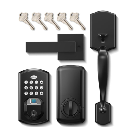A complete smart lock kit including a keypad deadbolt, exterior handle, interior lock unit, metal mounting plates, and five keys arranged on a white background.