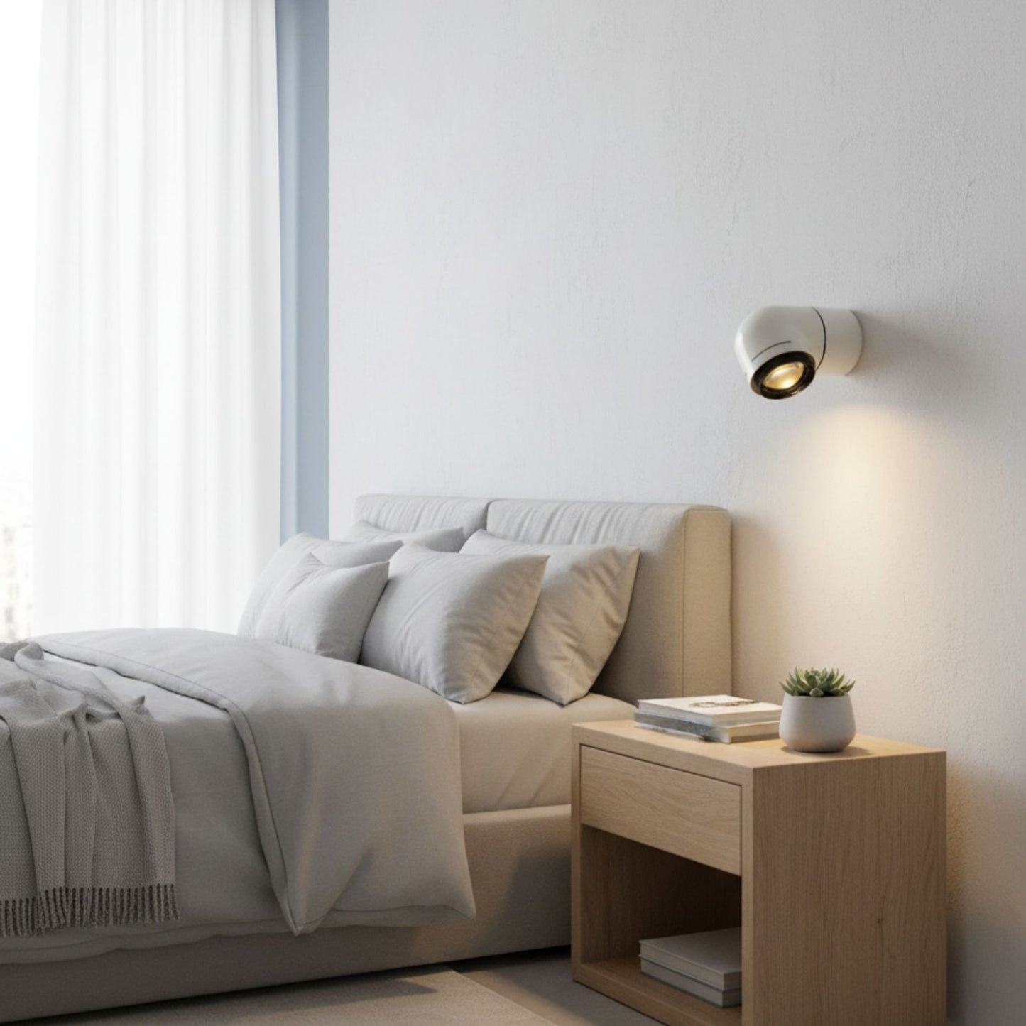 Another close-up of the red wall-mounted light fixture, highlighting its unique design and lighting effect.