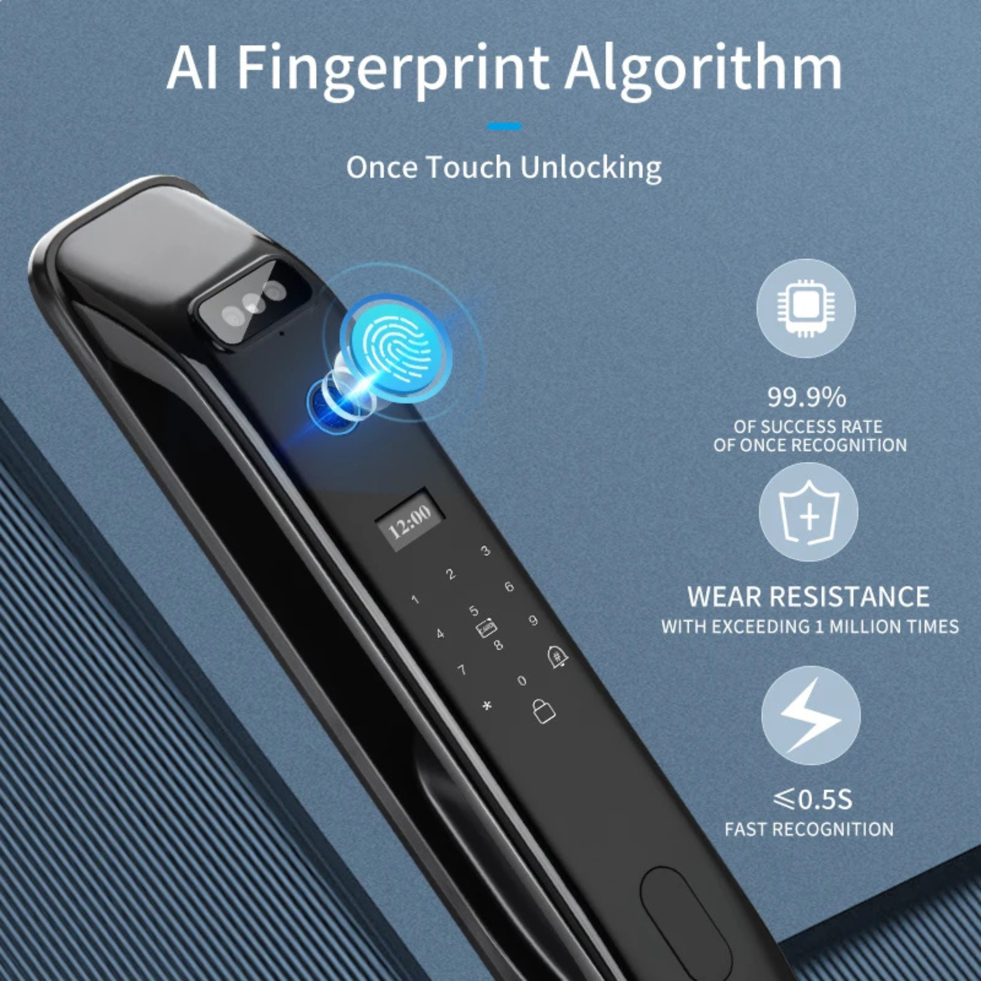 A close-up of the fingerprint scanner on the smart lock with blue LED lighting.A close-up of the fingerprint scanner on the smart lock with blue LED lighting.