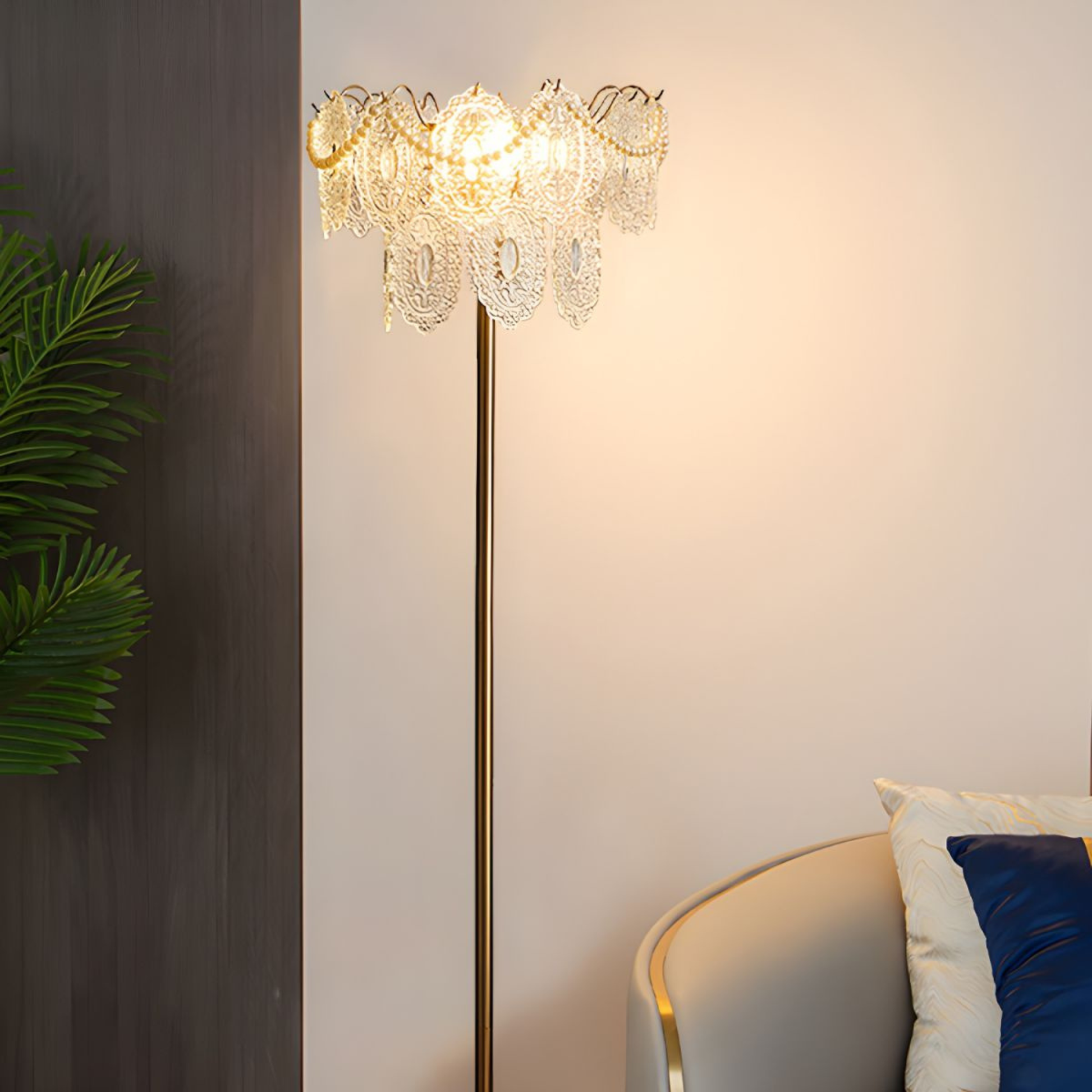A tall, elegant floor lamp with intricate crystal-like details, casting soft light in a dimly lit room.