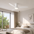 Modern bedroom with a ceiling fan, bed, and large windows.