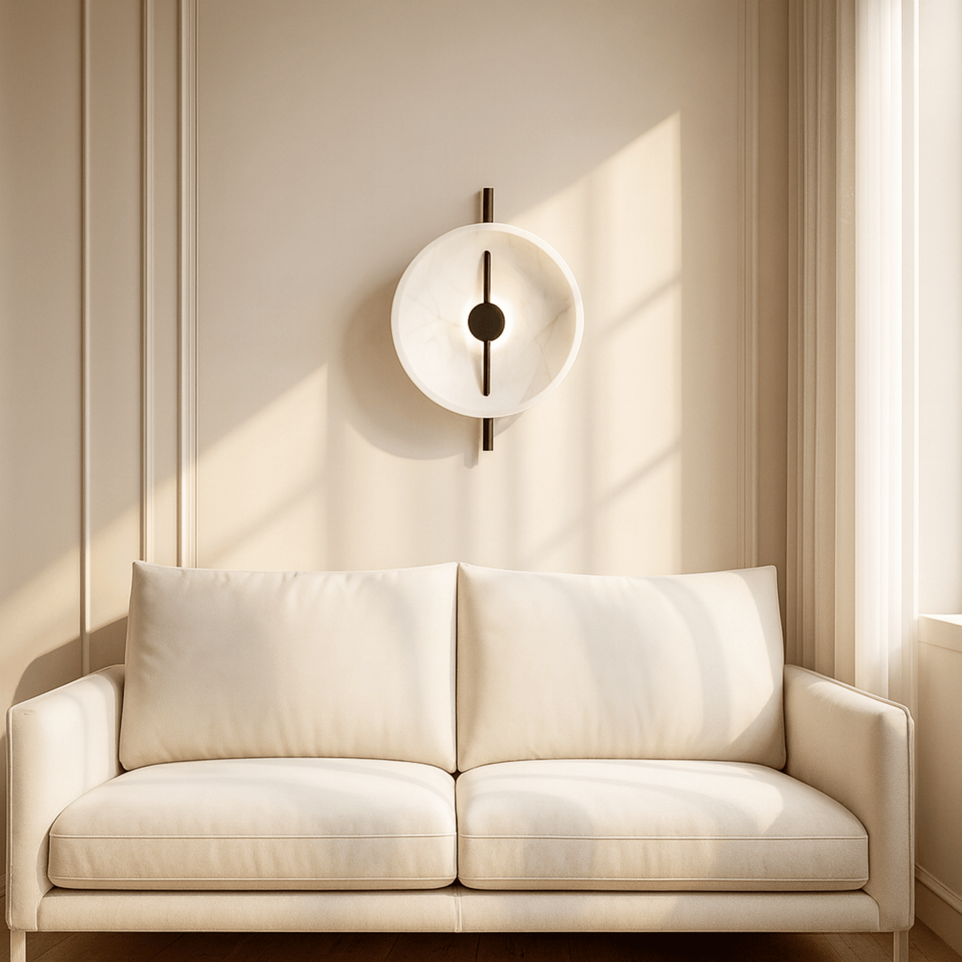 Beige sofa in a room with a modern wall light fixture.