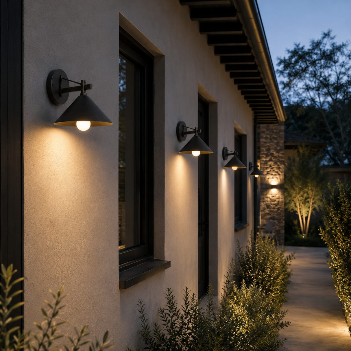 Modern outdoor wall lights on a house exterior at night.