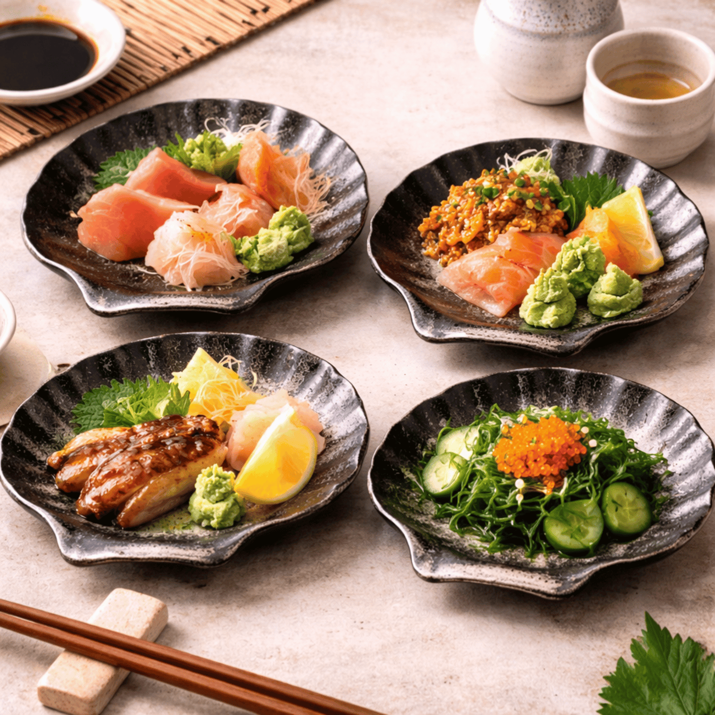 Four plates of Japanese cuisine on a light stone surface with chopsticks and wasabi.