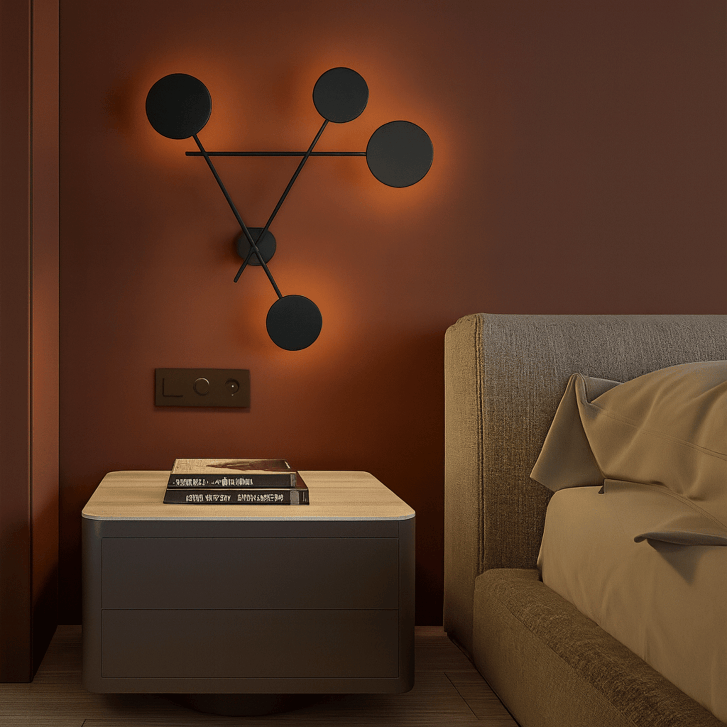 Modern bedroom with a side table, wall sconce, and bed.