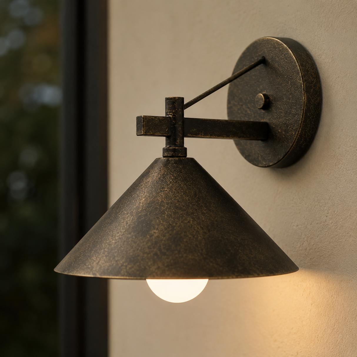 Vintage-style wall sconce with a cone-shaped shade on a neutral wall.