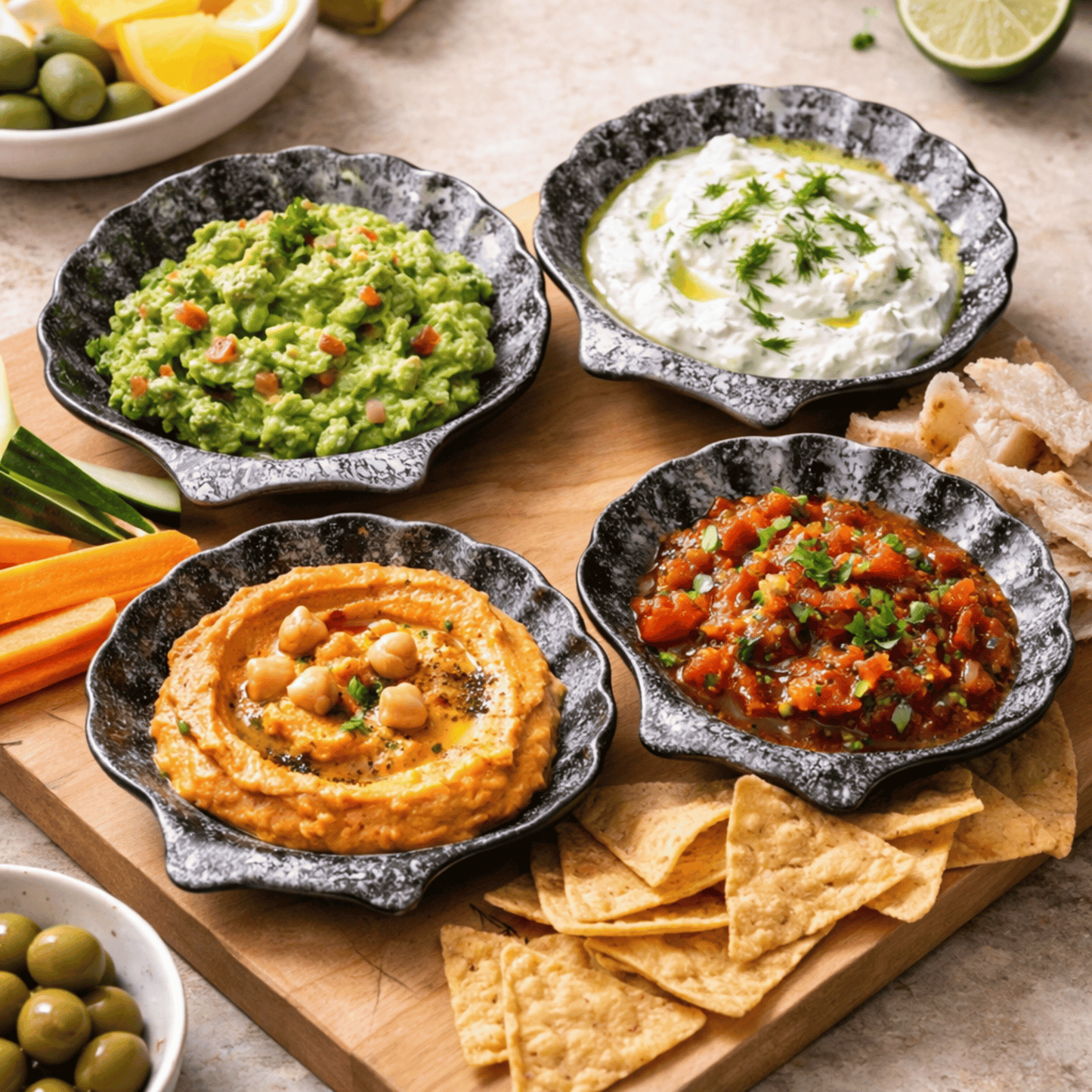 Four bowls of different dips with chips and vegetables on a wooden board.
