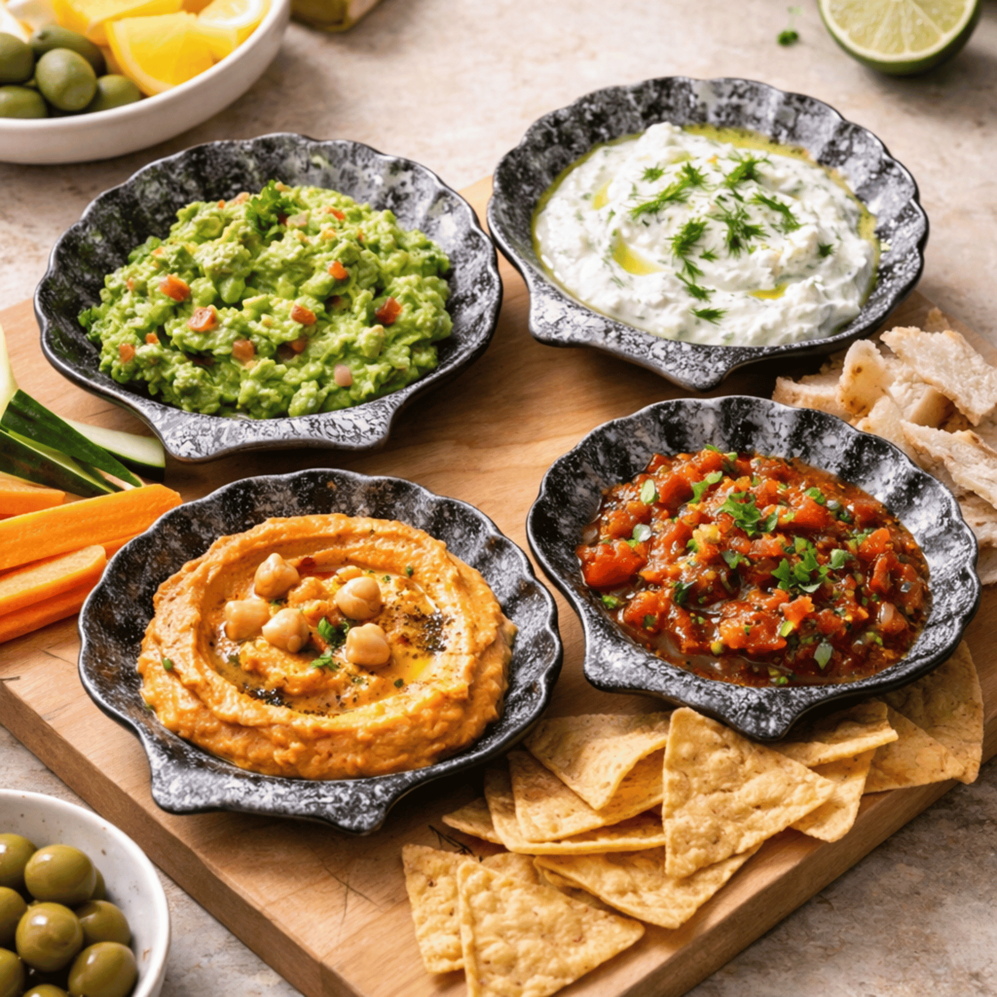 Four bowls of different dips with chips and vegetables on a wooden board.