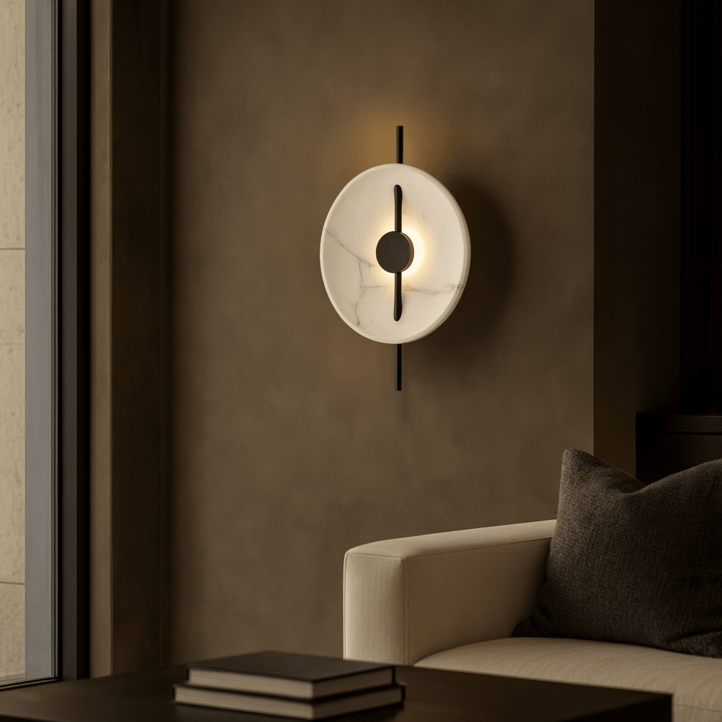 Modern wall lamp on a textured wall with a sofa and books in the foreground