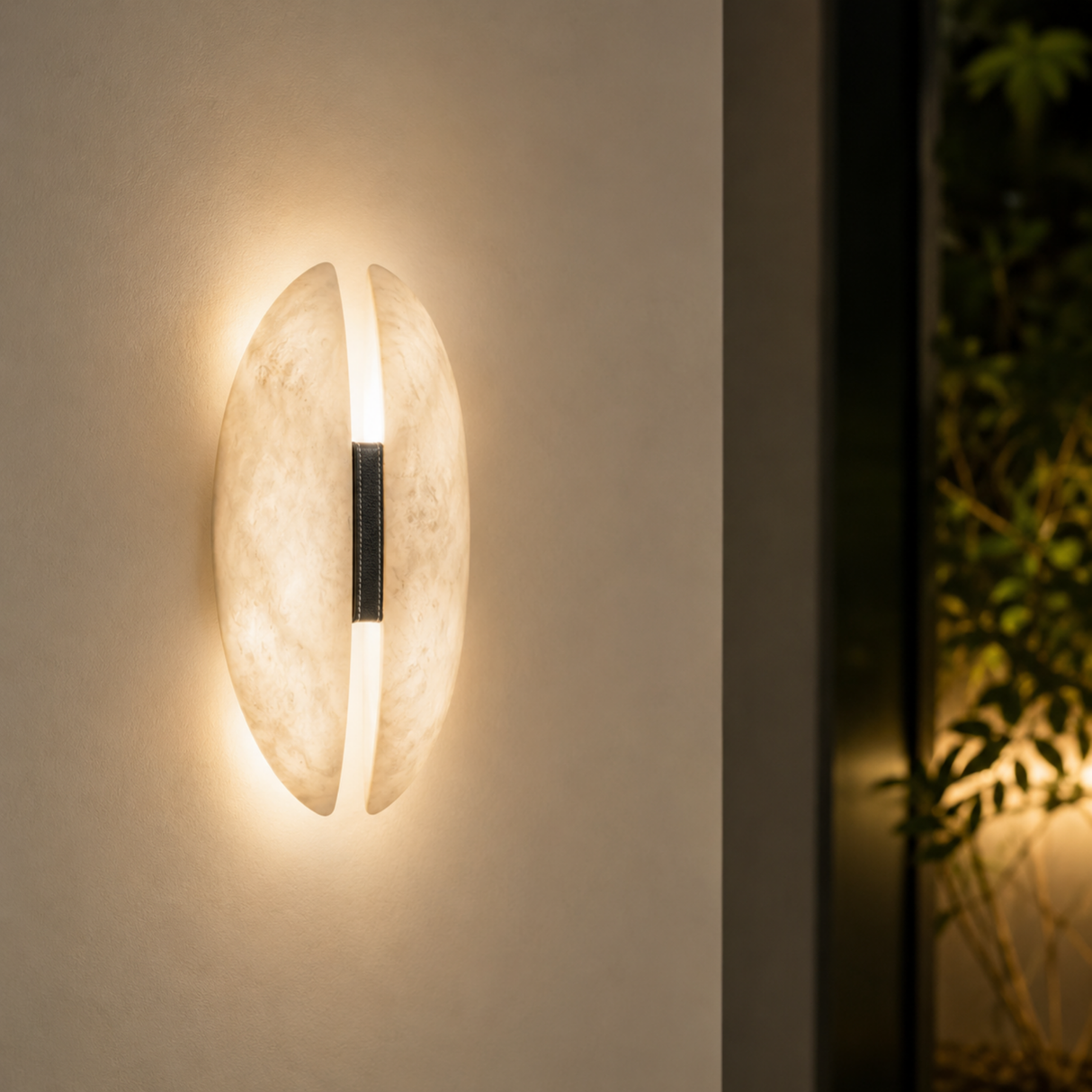 Modern wall light fixture on a neutral wall with a plant in the background