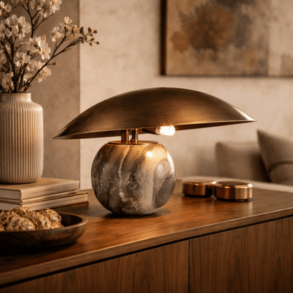 Decorative table lamp with marble base on a wooden surface in a home setting.
