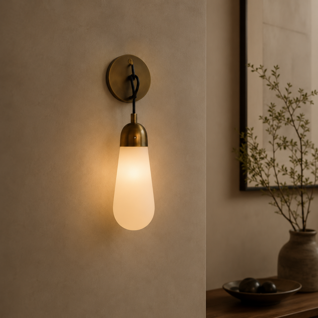 Wall-mounted light fixture with a warm glow on a neutral wall.