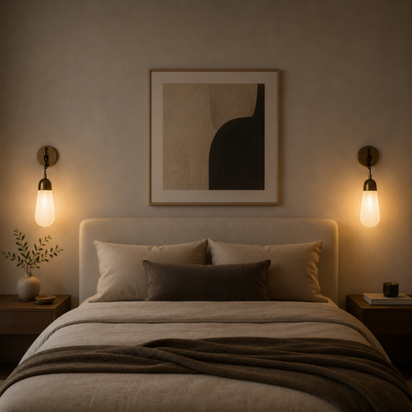 Cozy bedroom with a bed, wall art, and bedside lamps.