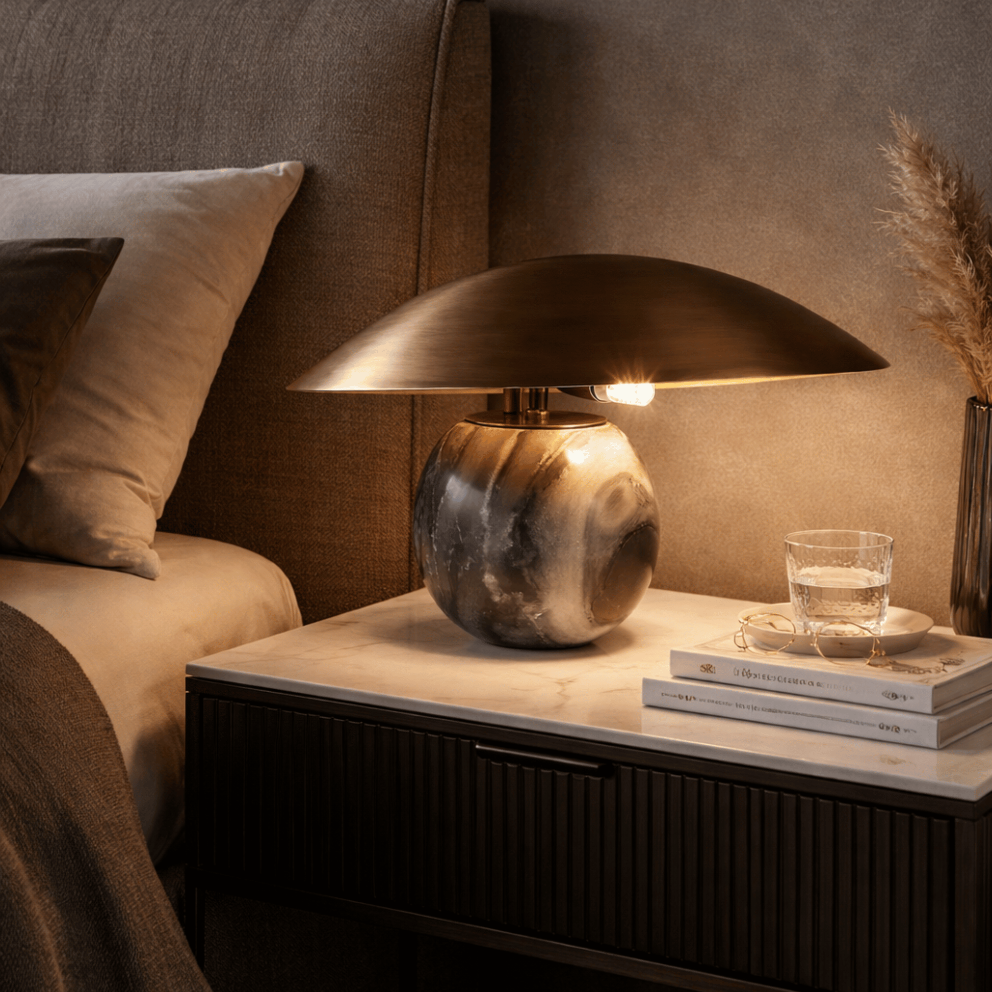 Decorative lamp on a nightstand with books and a glass of water in a cozy room.