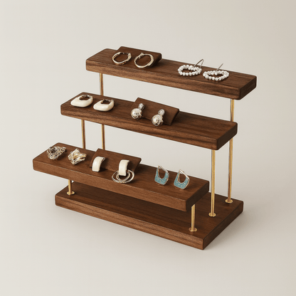 Wooden jewelry display stand with various earrings on a neutral background