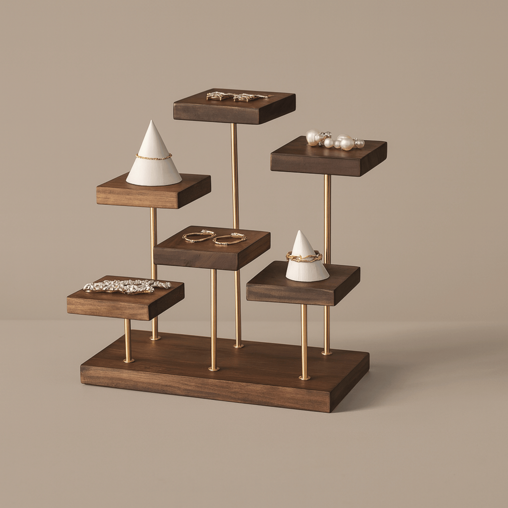 Wooden jewelry display stand with various items on a beige background