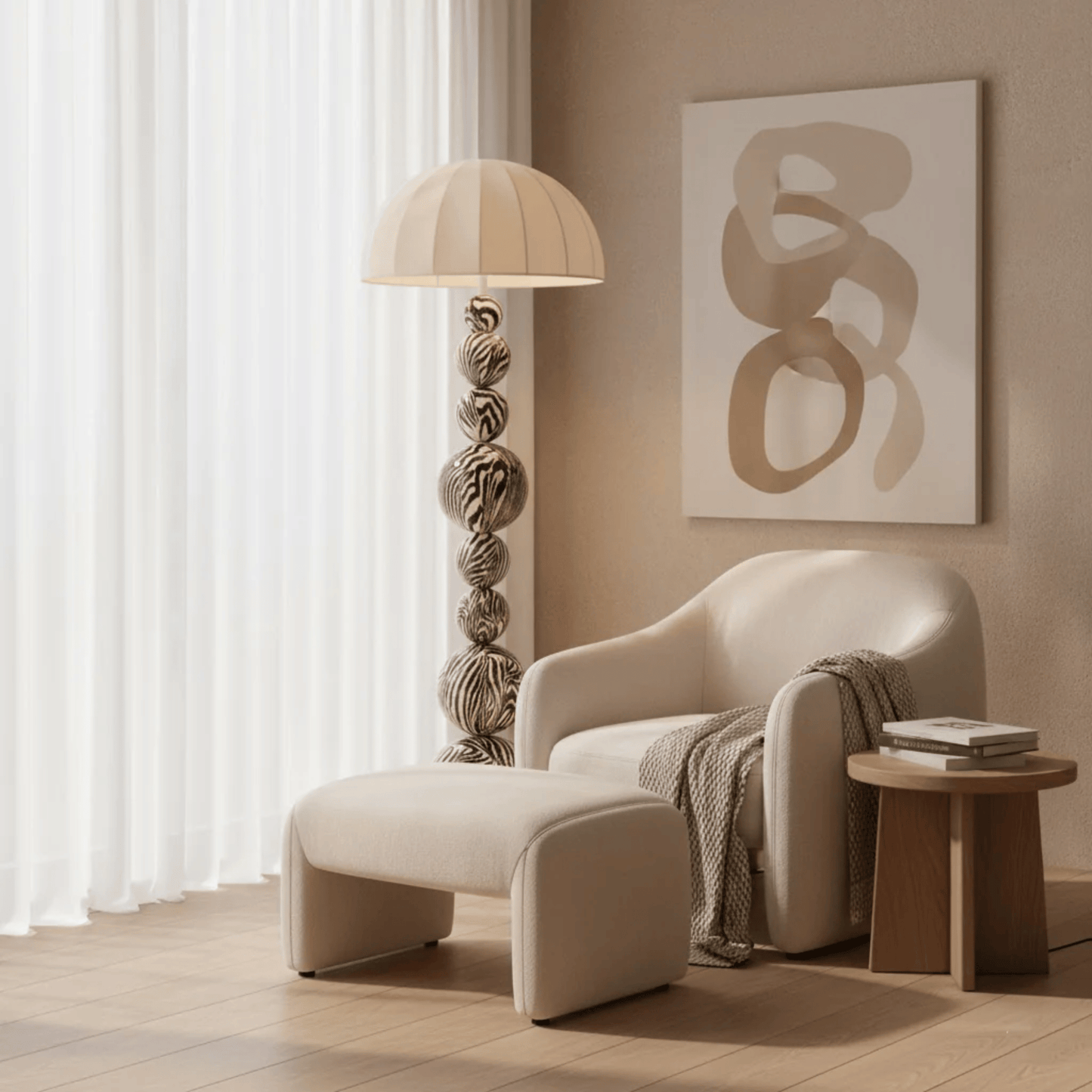 Modern living room with a beige armchair, ottoman, and floor lamp.