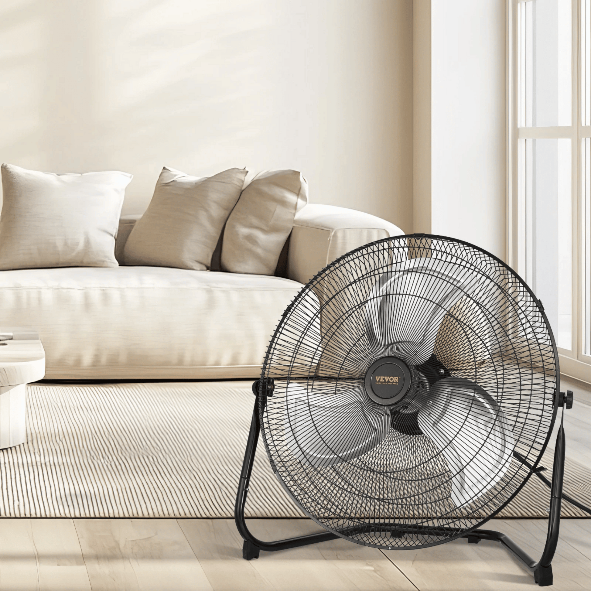 High-velocity 20 Inch Floor Fan with 3 speeds and 360° adjustable tilt for powerful airflow.