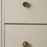 Close-up of beige cabinet doors with gold circular knobs.