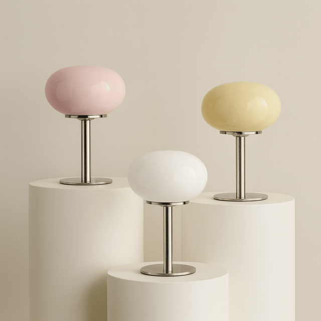 Three small table lamps with pastel-colored shades on cylindrical bases against a beige background.
