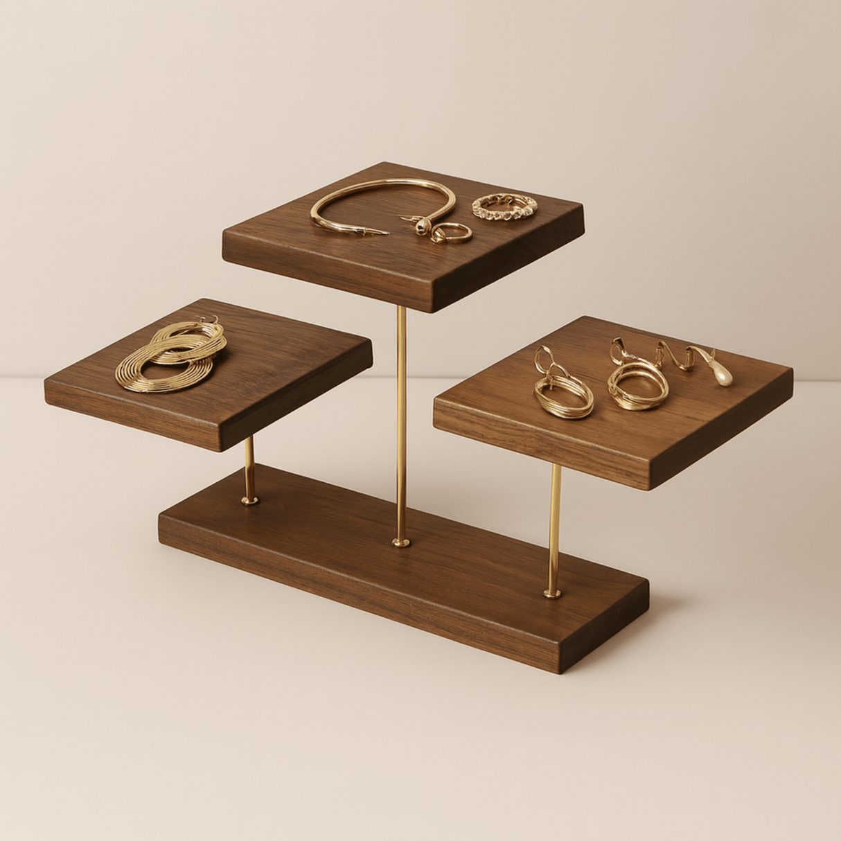 Wooden jewelry display stand with gold jewelry on a beige background