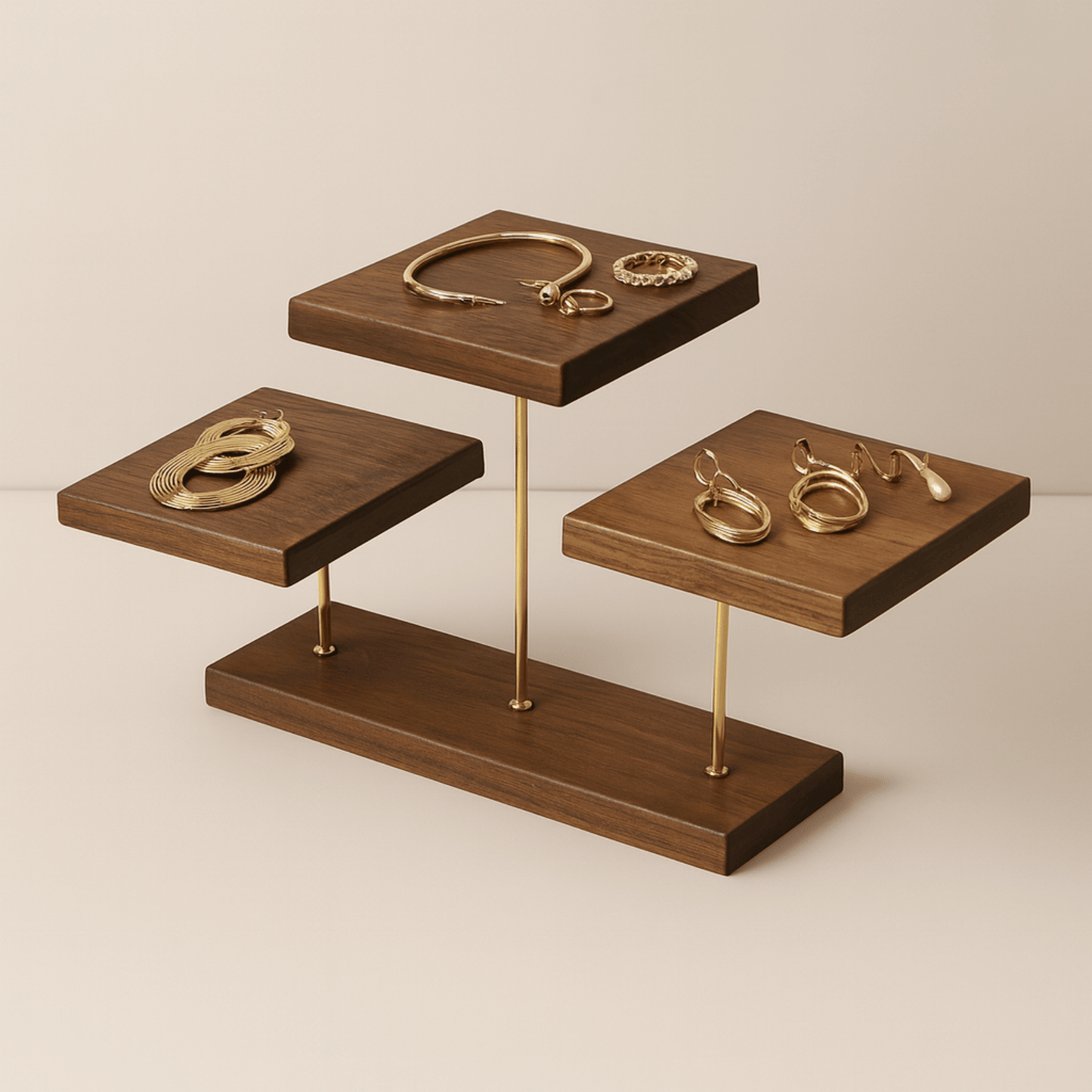 Wooden jewelry display stand with gold jewelry on a beige background